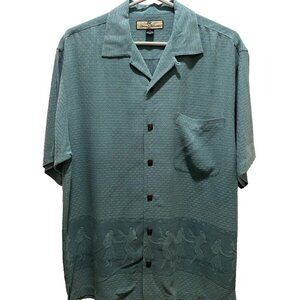 Tommy Bahama Men's Large Aqua Teal Button Up Silk Hawaiian Hula Girls